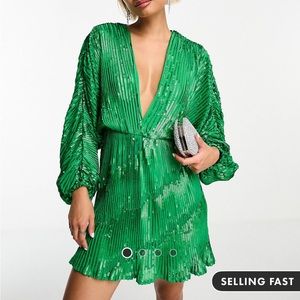 ASOS embellished green dress with blouson sleeve